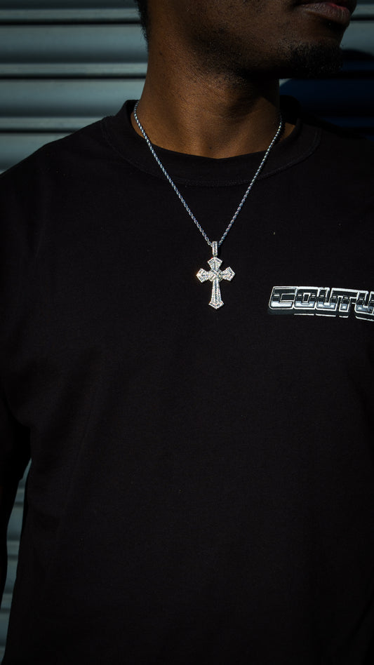 ICED OUT DOUBLE CROSS PENDANT - SILVER