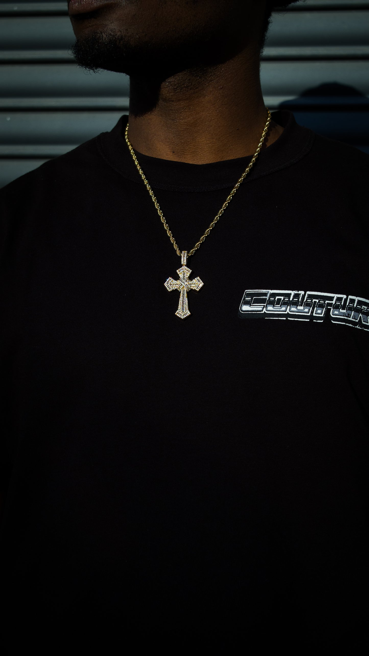 ICED OUT DOUBLE CROSS PENDANT - GOLD