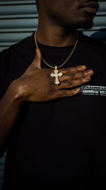 ICED OUT DOUBLE CROSS PENDANT - GOLD